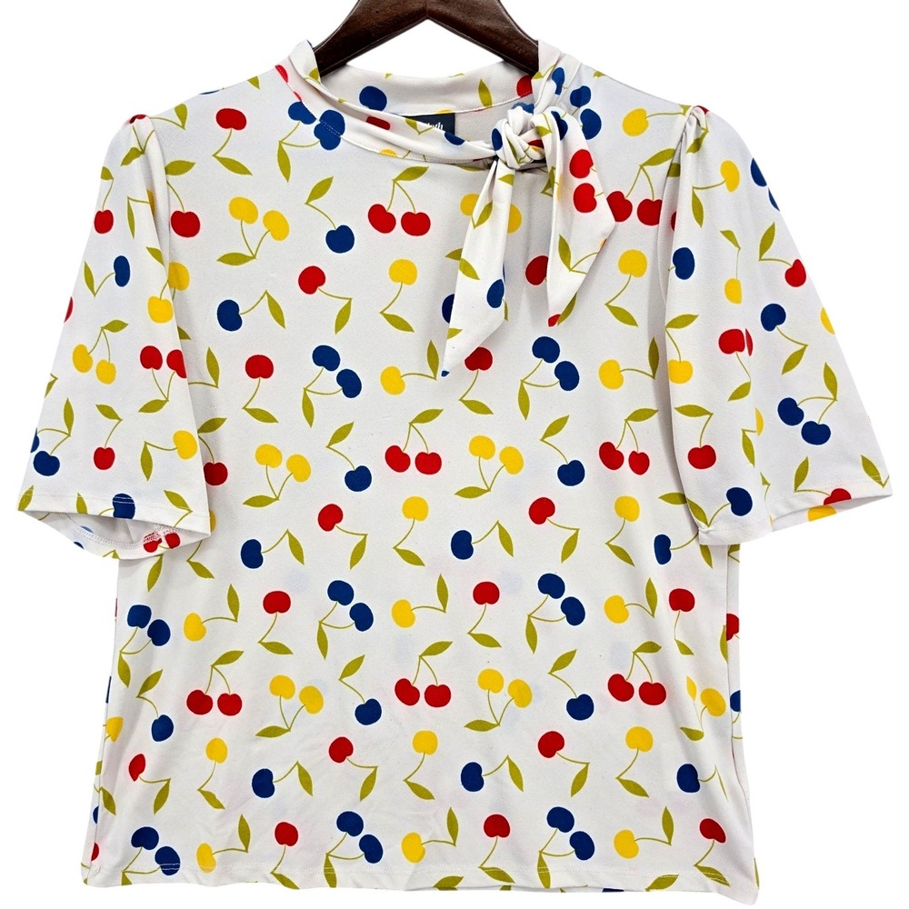 ModCloth Cherry Print Bow Neck Blouse Top Large‎ Retro Pinup Cottagecore Cute